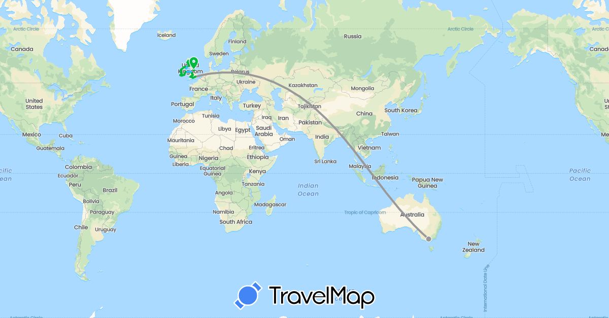 TravelMap itinerary: driving, bus, plane, boat in Australia, United Kingdom, Ireland (Europe, Oceania)